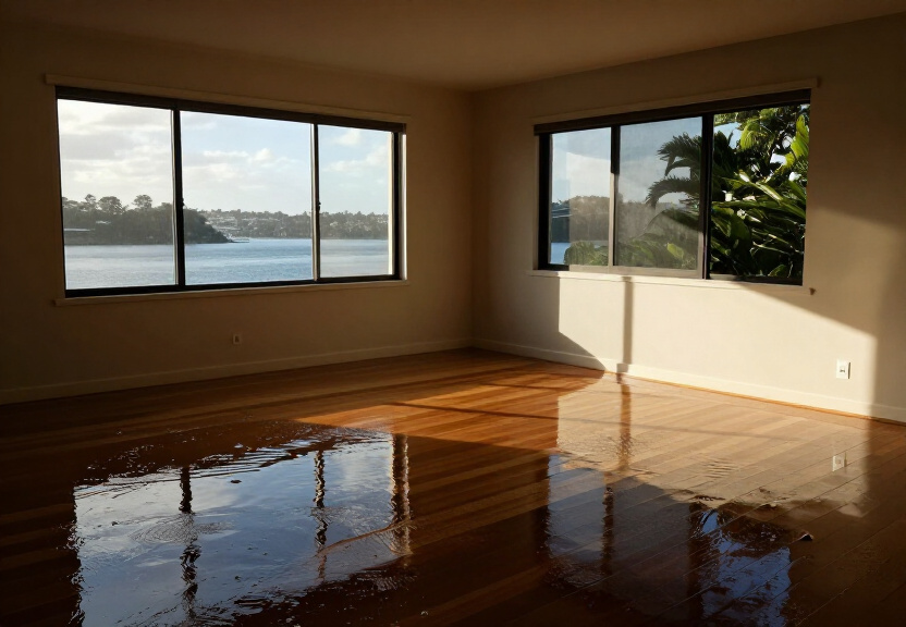 Water-damaged Ingleside living room with peeling paint and warped floorboards