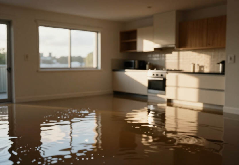 Flooded retail space in Ingleside before cleanup
